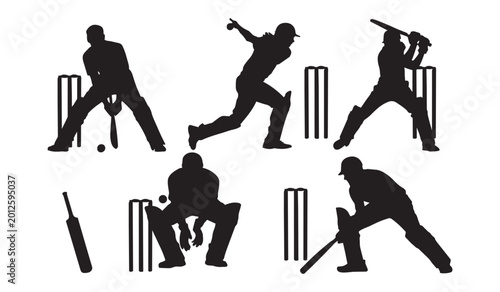 Canvastavla Dynamic black silhouettes of cricket players engaged in batting and wicket keepi