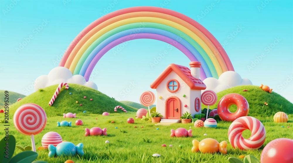 Fototapeta premium Cartoon candy land with sweet treats, rainbow arch. Small house sits on green grassy hills in lollipops, donuts, wrapped candies. Scene features bright colors, playful, whimsical atmosphere, perfect