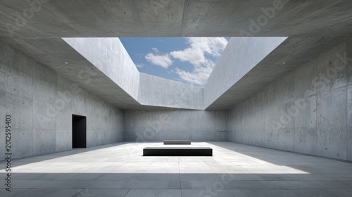 Modern concrete space with angular skylight, two dark benches, and door