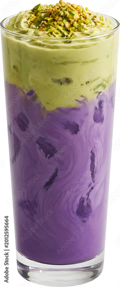 Fototapeta premium Gourmet Ube Pistachio Cream Drink with Nutty Flavor and Purple Swirls