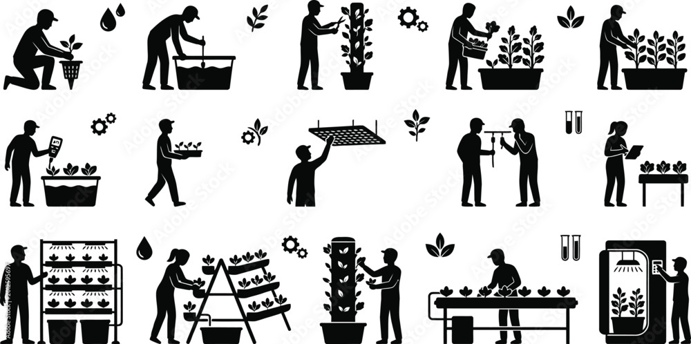 Fototapeta premium People gardening and selling plants vector illustration isolated on white background, Vector