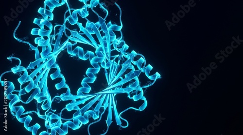 A detailed 3D rendering of a complex protein structure with alpha-helices and beta-sheets illuminated in blue against a black background.