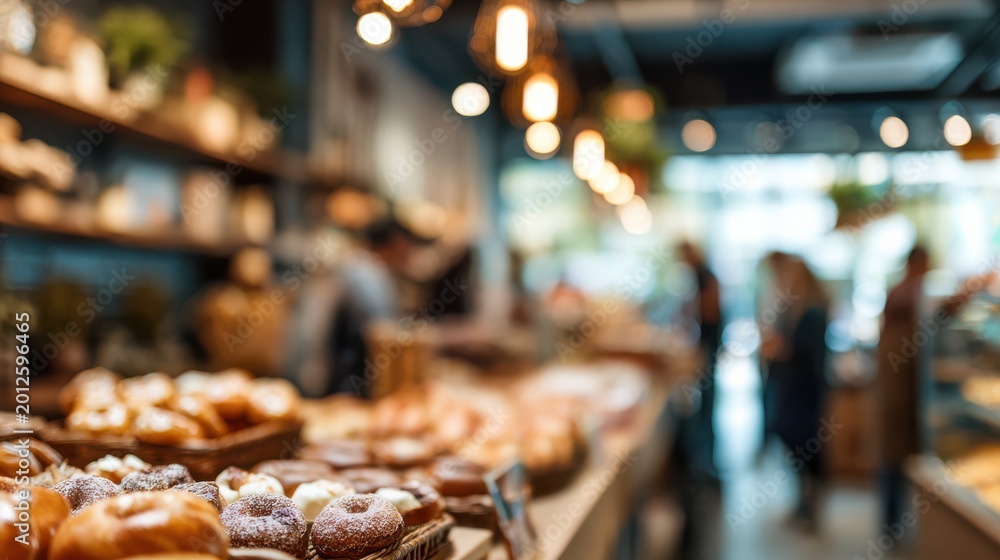 Fototapeta premium Blurred background of artisan bakery with rustic bread and pastries.