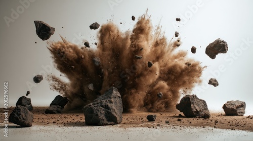 Rocks explode outward, showering debris and dust in a dynamic, powerful blast