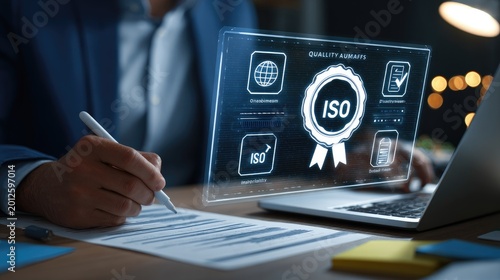 Person reviewing digital ISO standards on a glowing transparent screen