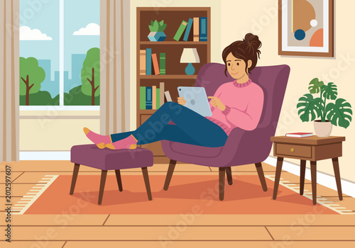 Young woman wearing casual wear, sitting in lounge chair using tablet in a living room flat design vector illustration
