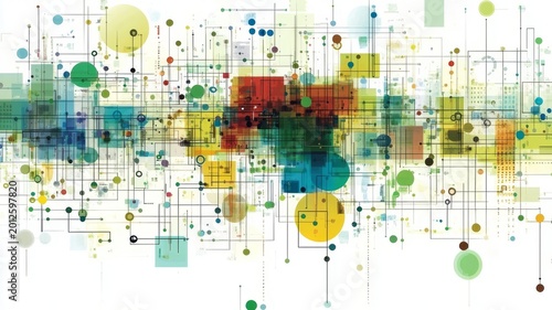 Abstract digital background featuring colorful geometric circles and intricate network lines for modern tech concept art design.