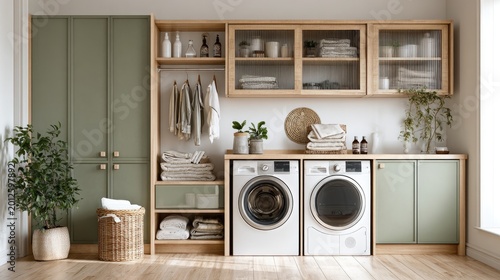A modern, clean laundry room with sage green cabinets, wooden accents, and appliances