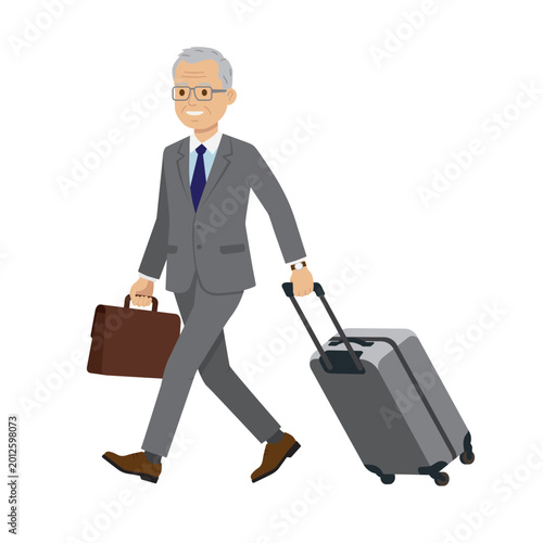 Older businessman with suitcase and trolley flat design isolated vector illustration
