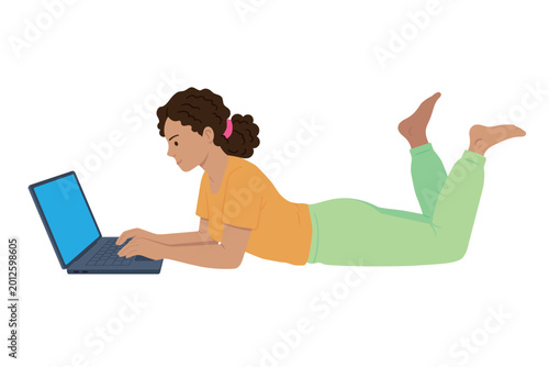 Woman in leisure clothes lying on floor using laptop flat design isolated vector illustration
