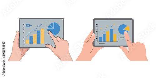Принти на полотні Hands interact with digital tablets showcasing various business data visualizati