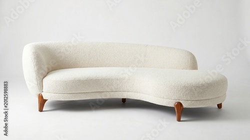 Modern curved white boucl sofa isolated on white background