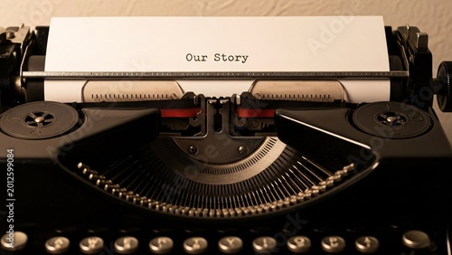 Close-up of vintage typewriter with paper loaded displaying Our Story text for creative writing or storytelling projects in a cozy workspace setting