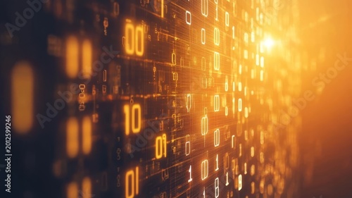 Abstract digital binary code background with glowing golden numbers for data technology concepts and computing science visualization.