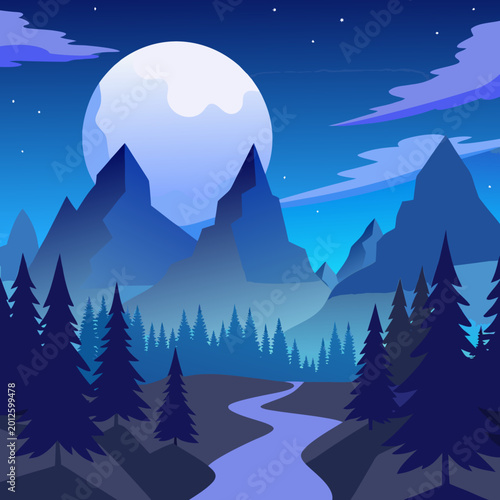 Vector Illustration – Moonlit Mountain Stream