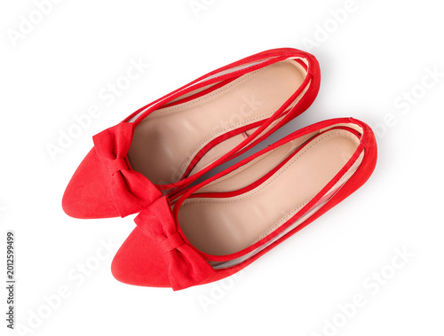 Fotografie Stylish red ballet flats with bows on white background