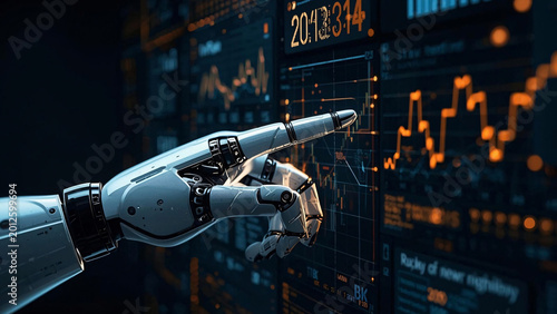 Robotic hand analyzing financial data on digital screen, AI robot finger pointing at stock market charts, futuristic artificial intelligence trading
