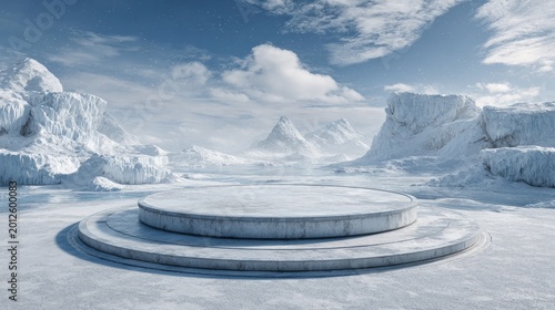 Icy platform in frozen landscape with mountains and frosted sky