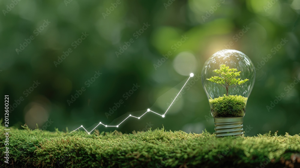 © Hasna - Lightbulb with tree inside, growing over moss, with ascending graph