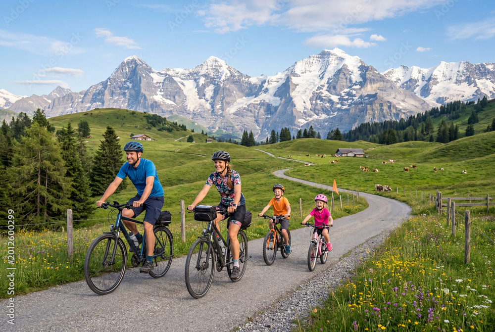 Fototapeta premium Cheerful family on a bicycle ride through mountain range