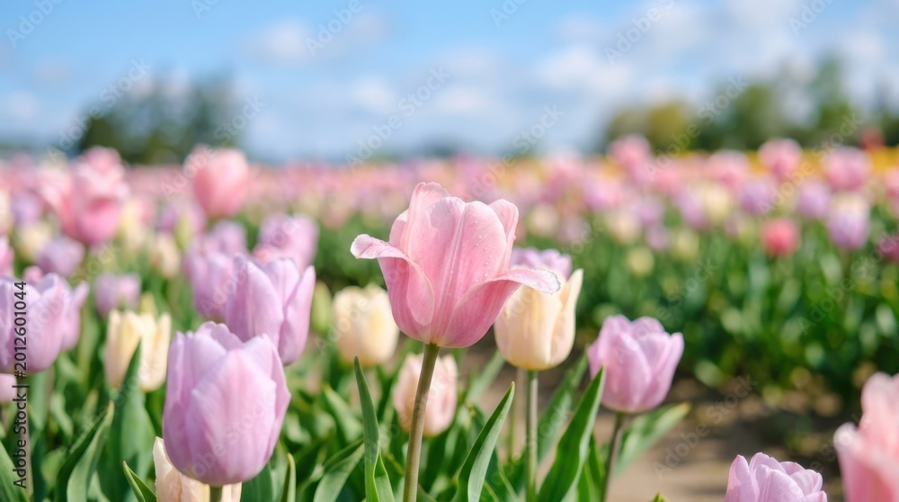 Fototapeta premium Field of soft pink and lavender tulips blooming under a clear blue sky