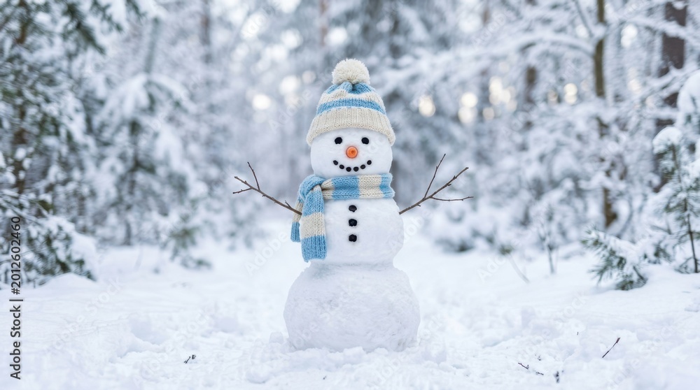 Fototapeta premium Charming snowman with striped hat and scarf stands in a snowy forest