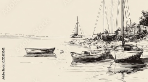 Classic harbor boat outlines: freehand line art illustration in black on white