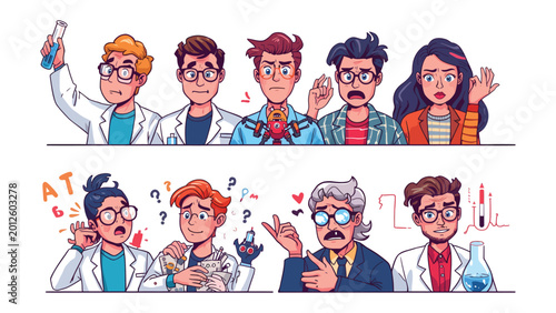 Foto Animated Science Team: Illustration showcasing a group of scientists in lab coats, each engrossed in their work, sparking curiosity, and showcasing the dynamic world of scientific exploration