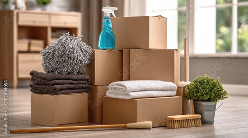 Cardboard boxes and cleaning supplies stacked in a sunlit room, ready for a move