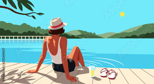 Cuadro en lienzo Woman enjoying a serene summer day by the tranquil lake, relaxing on a wooden do