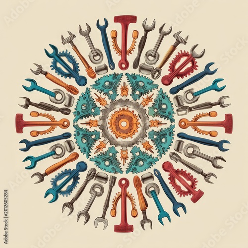 Circular arrangement of tools and gears, intricate mechanical mandala