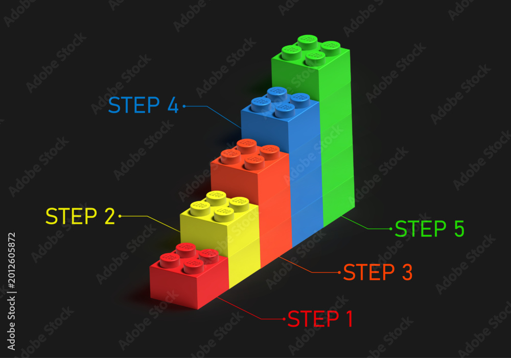 Fototapeta premium Stairs to success Infographic concept made by colored Lego plastic blocks isolated on dark grey background. Lego 3D blocks. 3D rendered editorial vector illustration