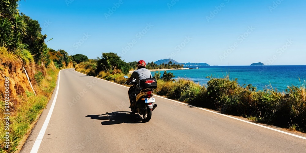 Obraz premium Man rides scooter on scenic road beside ocean. Rich green trees line coastal route. Blue sky, clear water, islands in distance. Solo travel freedom.