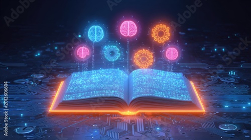 Open digital book with glowing brains and gears emerging from its pages