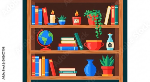 Colorful bookshelf filled with books globe plants and decorative items for home office or library decor inspiration