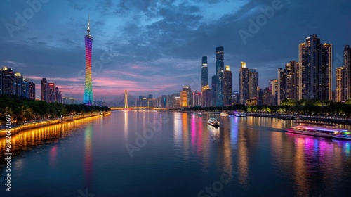 Vibrant cityscape at dusk with a colorful tower and illuminated riverfront