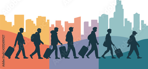 Foto Silhouette people walking with luggage against colorful city skyline representin