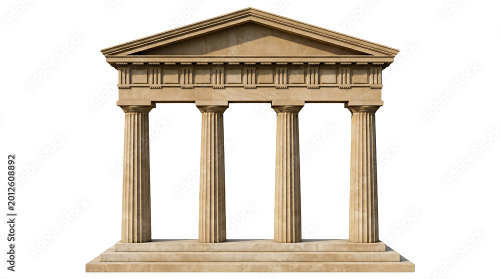 Fototapeta premium Ancient Greek Temple Facade with Columns and Pediment, Classical Architecture Symbol, Isolated on White