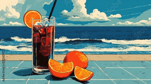 Refreshing drink with oranges by the ocean
