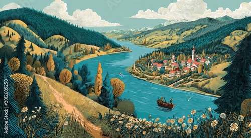 Serene riverside village nestled among rolling green hills and dense forests
