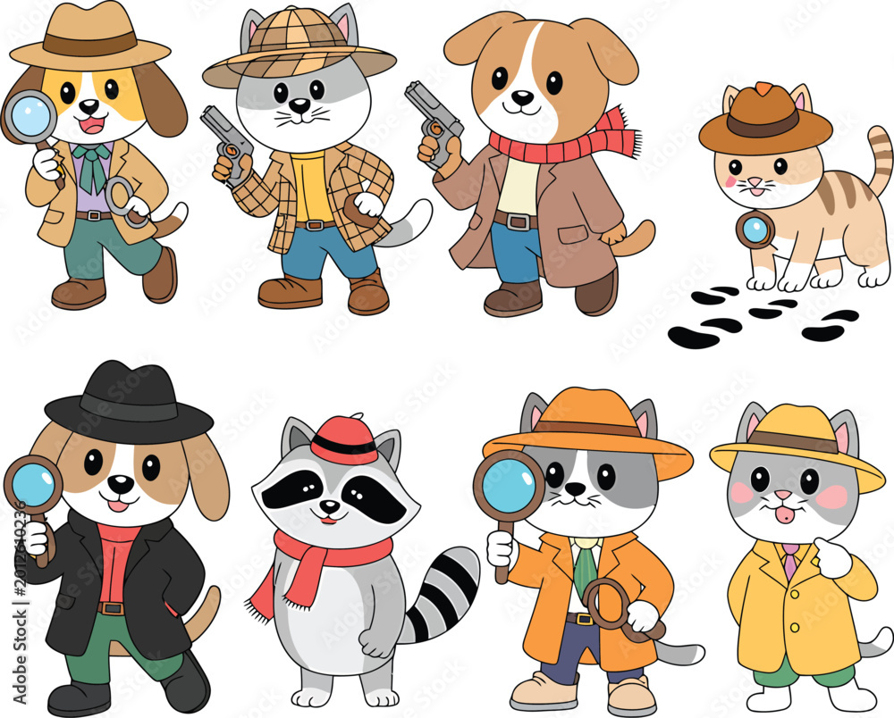 Obraz premium Adorable cartoon animal detectives and private investigators with magnifying glasses