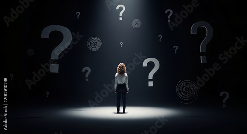 Thoughtful woman standing in dark room illuminated by question marks and swirls creating a mysterious atmosphere for contemplation and curiosity exploration