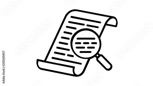 Fine-line drawing of an unrolled manuscript with an inspection lens, representing deep script debugging, historical archive analysis, log file exploration, and detailed information discovery in