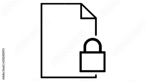 Minimalist vector icon illustration of a secure document file with a padlock symbol, representing data privacy, encrypted information, and confidential digital storage in a clean line art style.