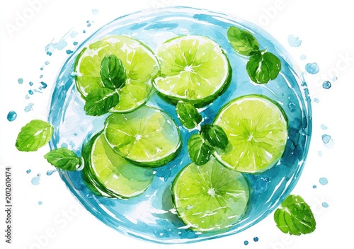 Slices of fresh lime and mint leaves float in cool, clear liquid