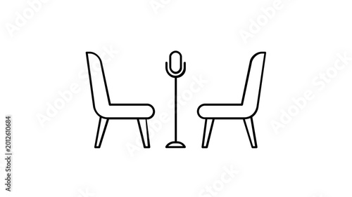Minimalist vector illustration of a job interview or podcast setup featuring two chairs facing each other with a microphone on a stand, clean line art style for business and media concepts.