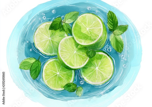 Fresh lime slices and mint leaves float in cool blue water
