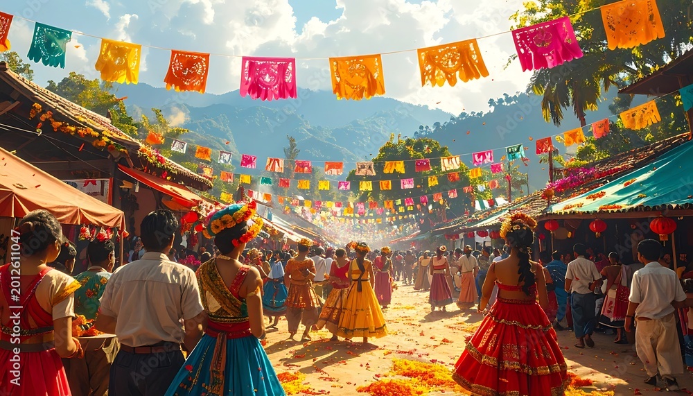 Fototapeta premium Vibrant cultural festival in mountainside village.