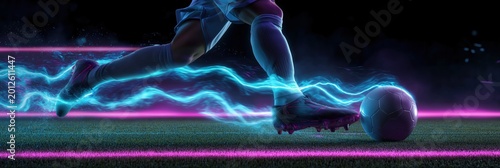 Dynamic soccer player's foots kicking ball on field, surrounded by glowing neon light trails, symbolizing speed and energy in sport