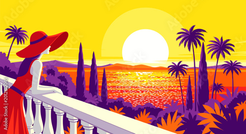 Foto Vector illustration of a woman in a red hat on a balcony, admiring a vibrant tro